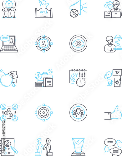 Leadership staff linear icons set. Mentorship, Visionary, Empowerment, Decisiveness, Accountability, Inspiration, Communication line vector and concept signs. Responsibility,Adaptability,Know-how