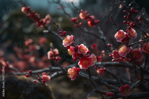 Beautiful flowering Mitsumata and red plum blossoms in Toyotashi, Aichi Prefecture. Generative AI