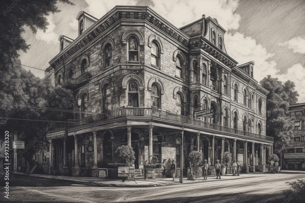 A historic building charcoal sketch on paper turned digital illustration. Generative AI