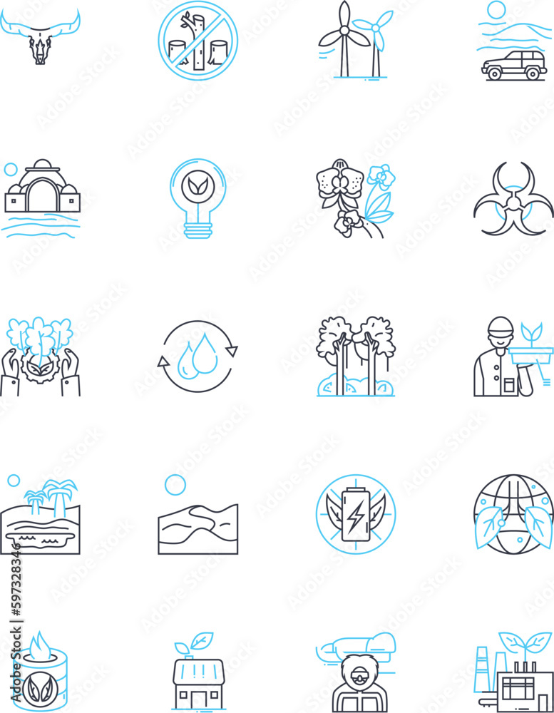 Eco-friendly linear icons set. Sustainable, Green, Organic, Renewable, Biodegradable, Eco-conscious, Conscious line vector and concept signs. Conservation,Environmental,Earth-friendly outline