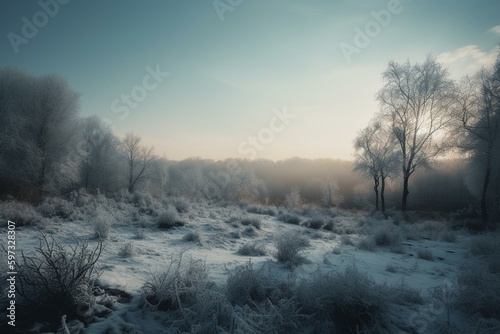 A snowy landscape with blue tones. Generative AI © Yara