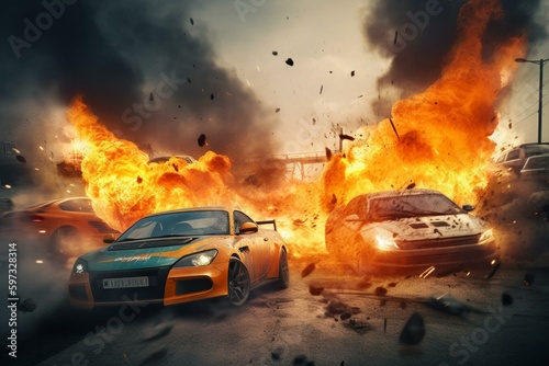 Intense car chase with explosions, dangerous sports cars racing for survival, fire and flames. 3D illustration. Generative AI © Yara