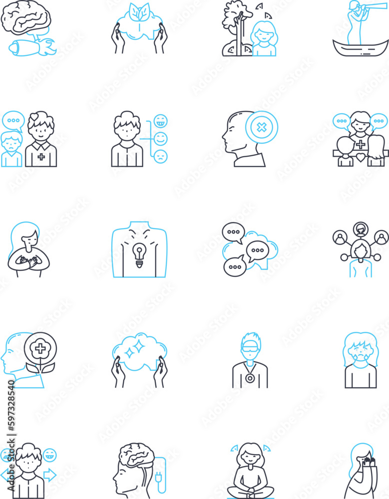 Cognitive soundness linear icons set. Clarity, Focus, Precision, Alertness, Intuition, Insight, Reasoning line vector and concept signs. Logic,Awareness,Memory outline illustrations