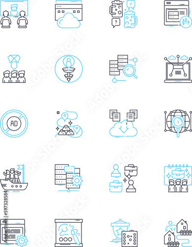 Communication technology linear icons set. Wireless, Satellite, Fiber, Blogging, Social, SMS, Video line vector and concept signs. Podcasts,VOIP,Augmented outline illustrations
