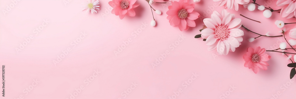 Spring flowers on pink pastel background top view in flat lay style, Greeting for Mother's Day Spring Sale Banner, Generative AI