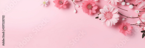 Spring flowers on pink pastel background top view in flat lay style, Greeting for Mother's Day Spring Sale Banner, Generative AI