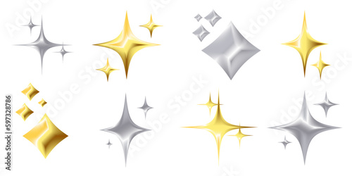 golden and silver star set 3d chrome metallic