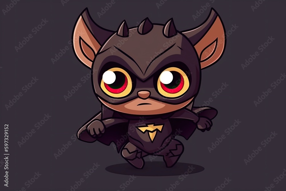 cute cartoon bat character with big eyes and a superhero costume. Generative AI
