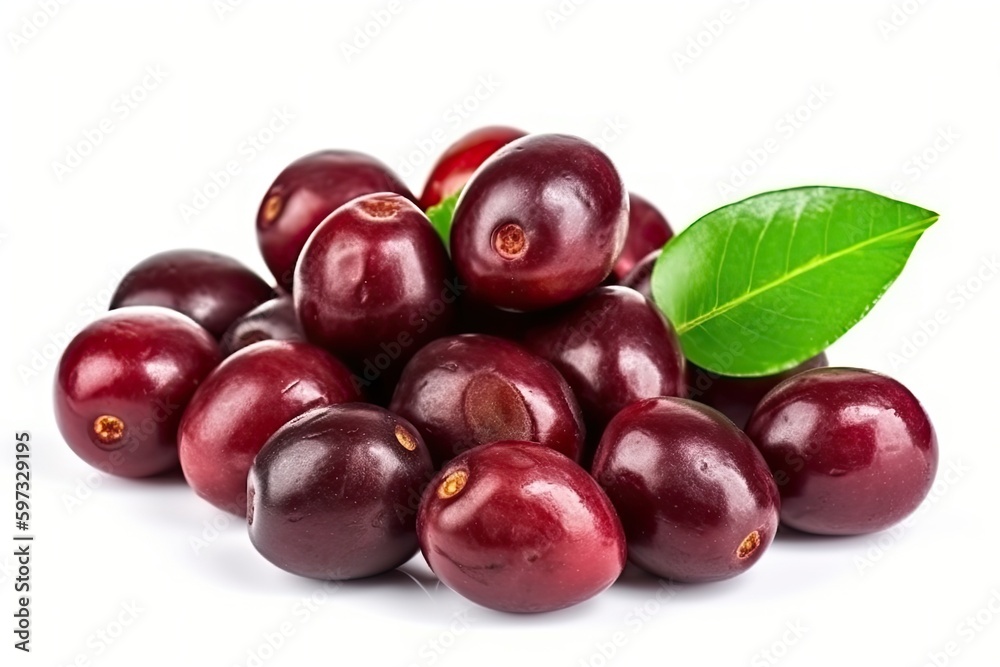 pile of fresh red cherries with a green stem. Generative AI pile of fresh red cherries with a green stem. Generative AI