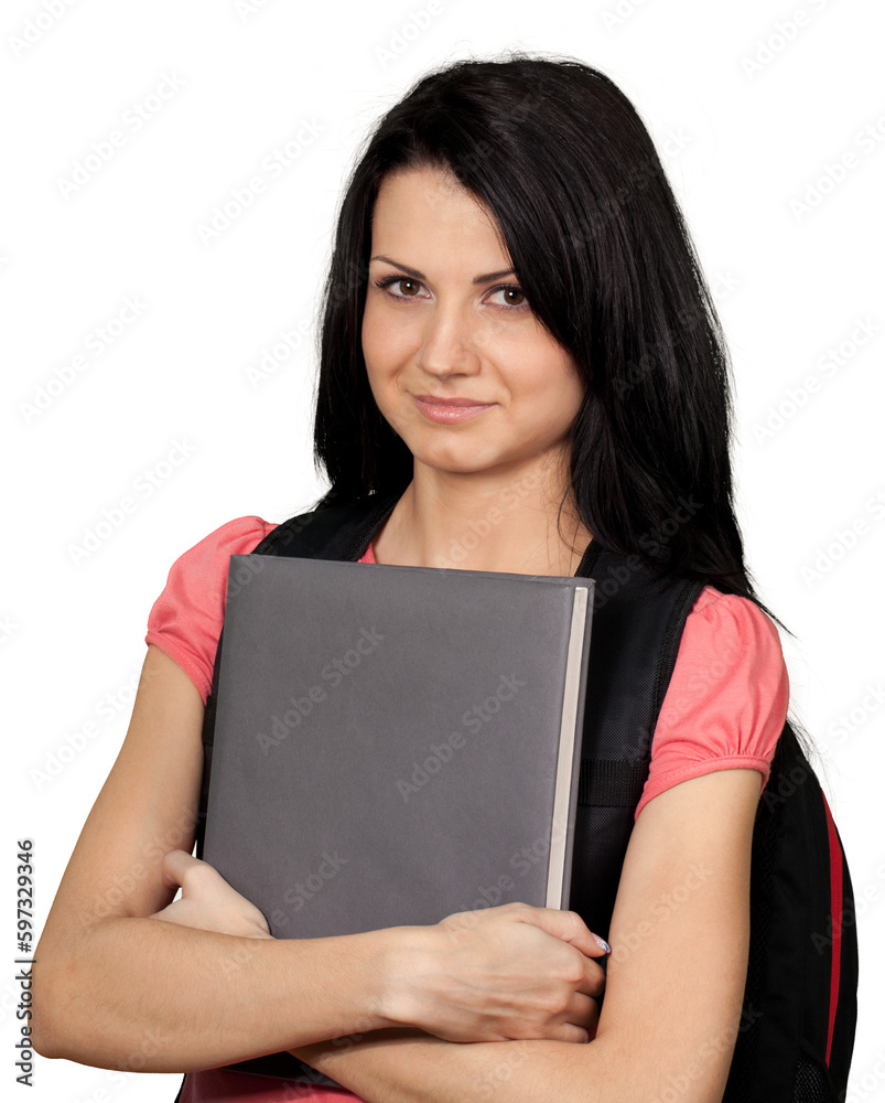 Young Woman with Backpack Holding Book - Isolated Young Woman with Backpack Holding Book - Isolated
