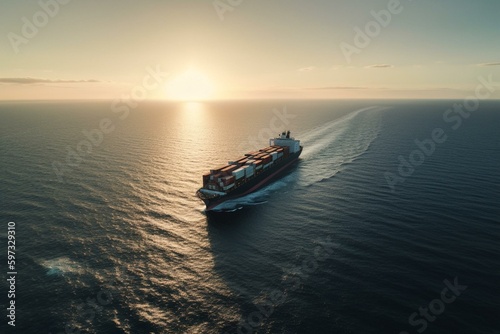 Container ship speeds over vast ocean. Generative AI