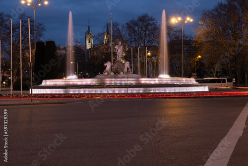 Fountain of Neptune in Madrid, Spain. Long exposure photo at night photo