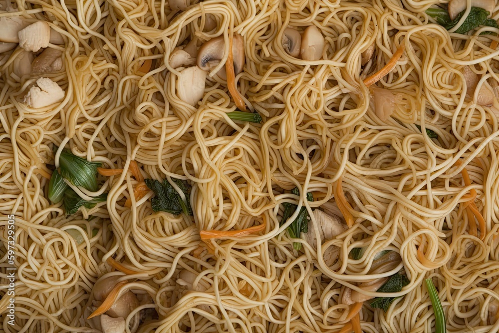 delicious bowl of noodles with chopsticks on top. Generative AI delicious bowl of noodles with chopsticks on top. Generative AI