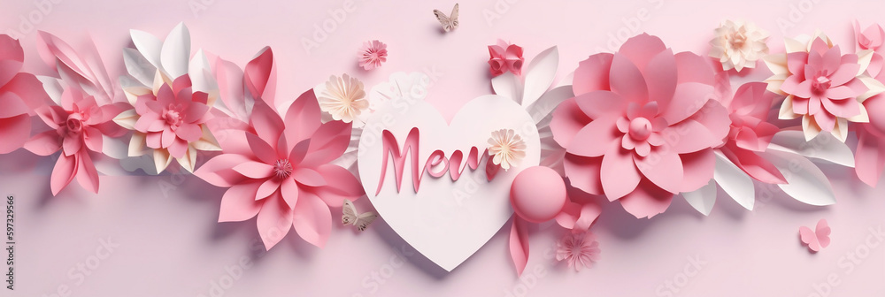Beautiful Mother's Day Banner with Pink Love Heart, Paper Craft Flowers Design, Generative AI
