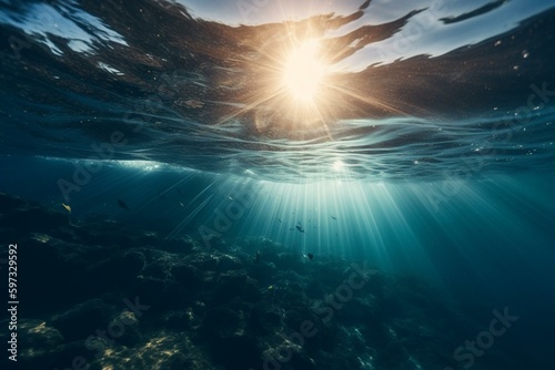 Sun rays streaming through deep blue seawater  creating an entrancing underwater background of light. The sea waters appear untouched  pristine and tranquil. Generative AI