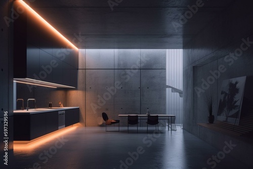 Modern concrete and black interior of minimal home with gradient neon lighting. 3D render. Generative AI