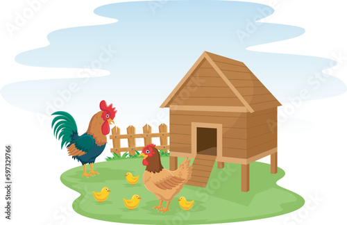 Cute chicken family with henhouse