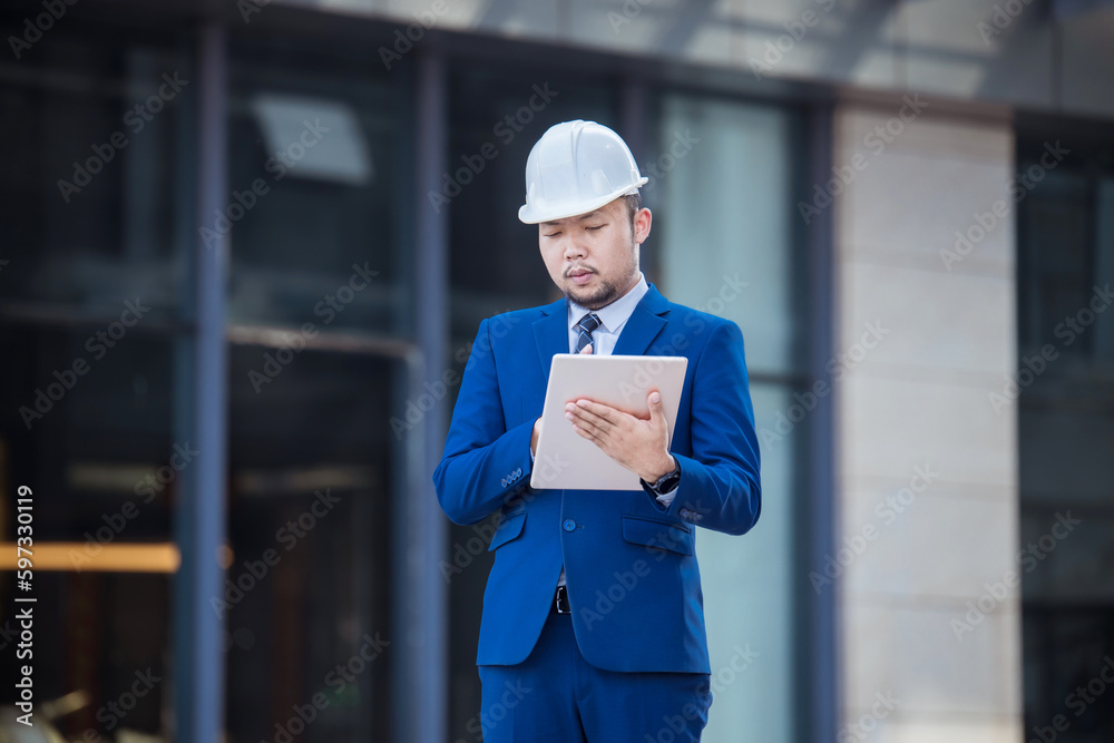 Handsome engineer wearing suit and hard hat or white helmet on building background. Engineer using tablet for checking construction about modern building. copy space for text. Handsome engineer wearing suit and hard hat or white helmet on building background. Engineer using tablet for checking construction about modern building. copy space for text.