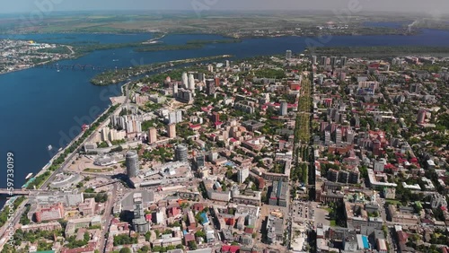Dnipro city in Ukraine in summer aerial footage high altitude