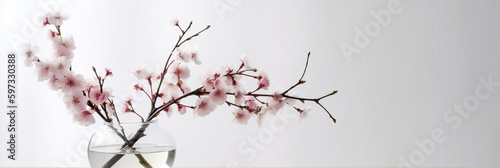 Cherry blossom branches in a glass vase on white with writing space, spring bouquet, room decor, Elegant business card mockup, Mother's Day postcard, Freshness, Minimalist, Generative AI