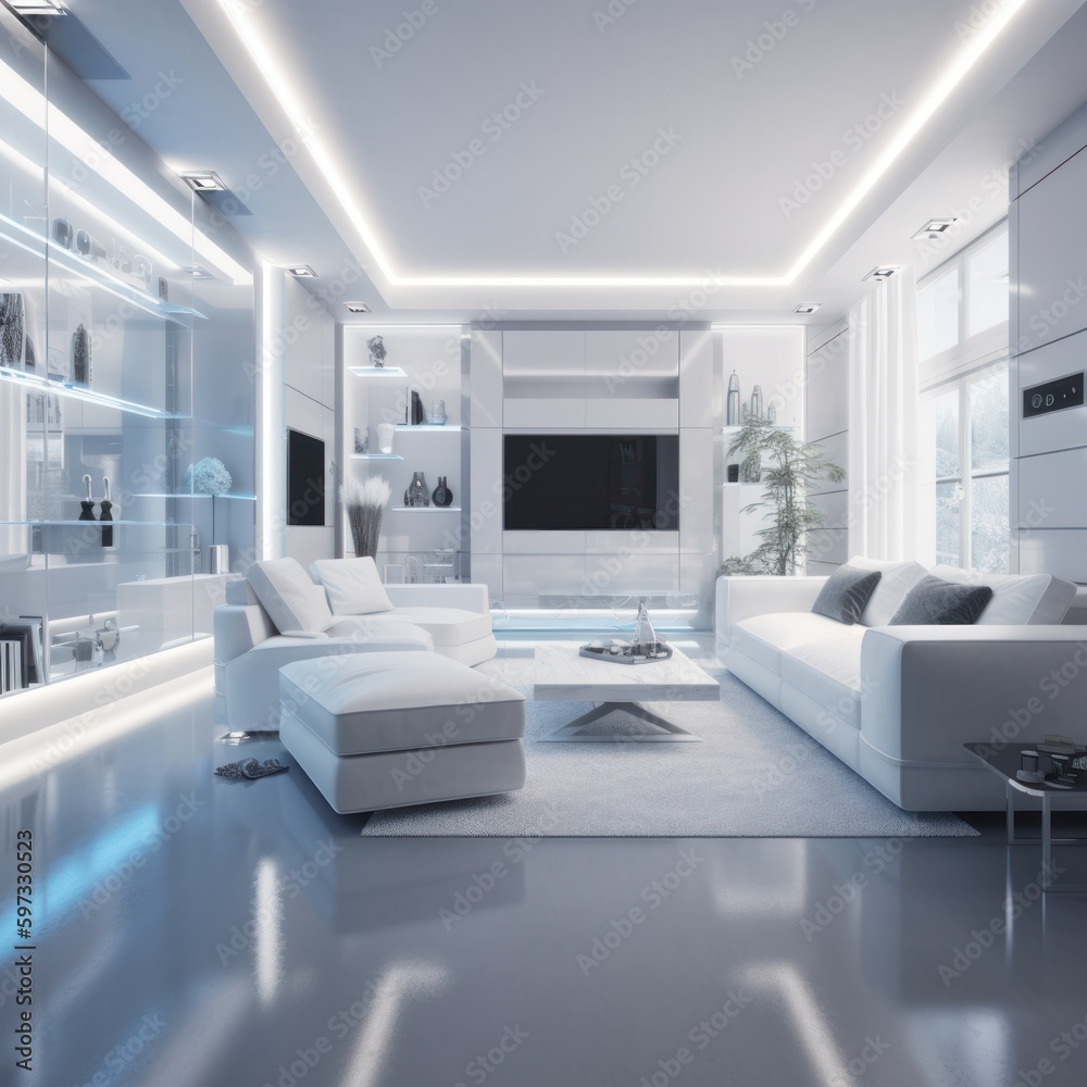 Fototapeta premium Concept of a luxury modern futuristic home interior design with neon. Generative AI illustration.