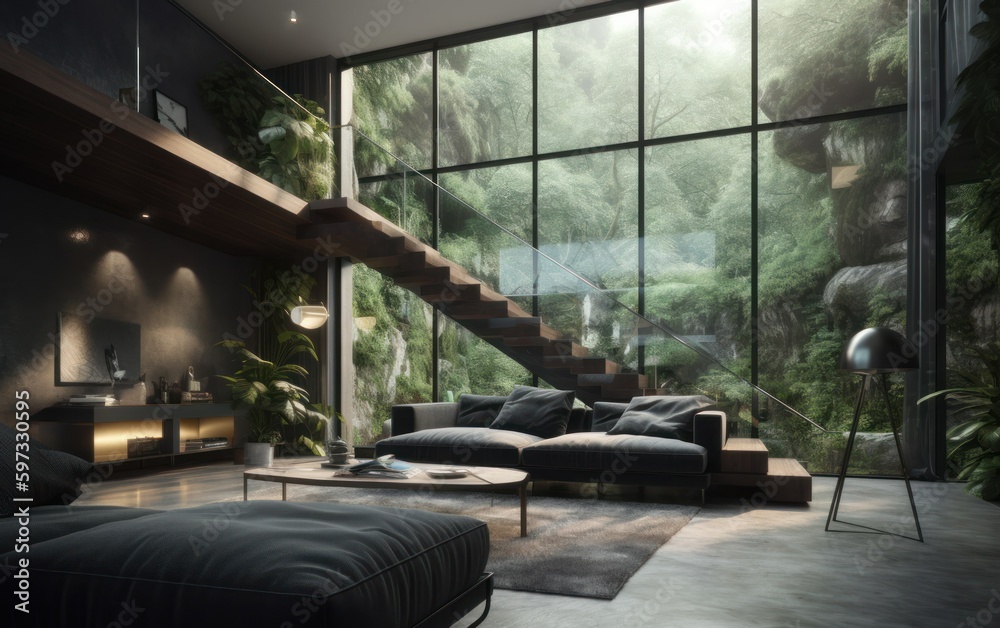 Concept of a luxury modern futuristic home interior design with plants. Generative AI illustration.