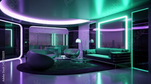 Concept of a luxury modern futuristic home interior design with neon. Generative AI illustration.