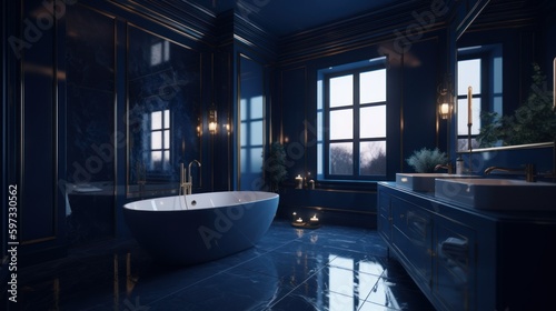 Concept of a luxury modern futuristic dark blue bathroom interior design. Generative AI illustration. © Tuyres