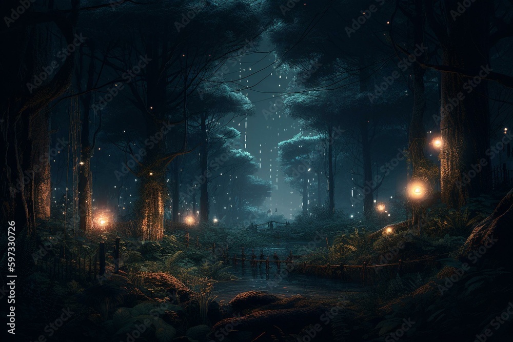 Nighttime forest 2D illustration wallpaper. Generative AI