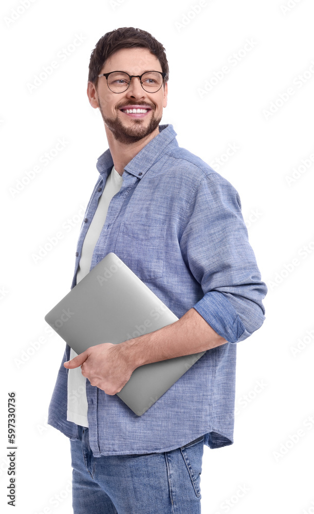 Happy man with laptop on white background