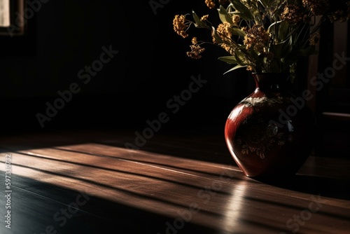 A flower vase on a table with dark background, casting a shadow on the floor, leaves scattered around. Generative AI