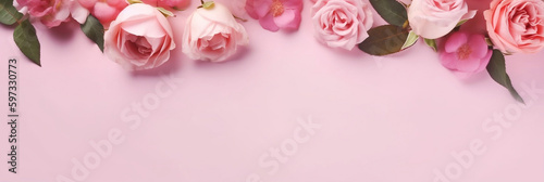 Spring roses flowers on pink pastel background top view in flat lay style, Greeting for Mother's Day Spring Sale Banner, Generative AI