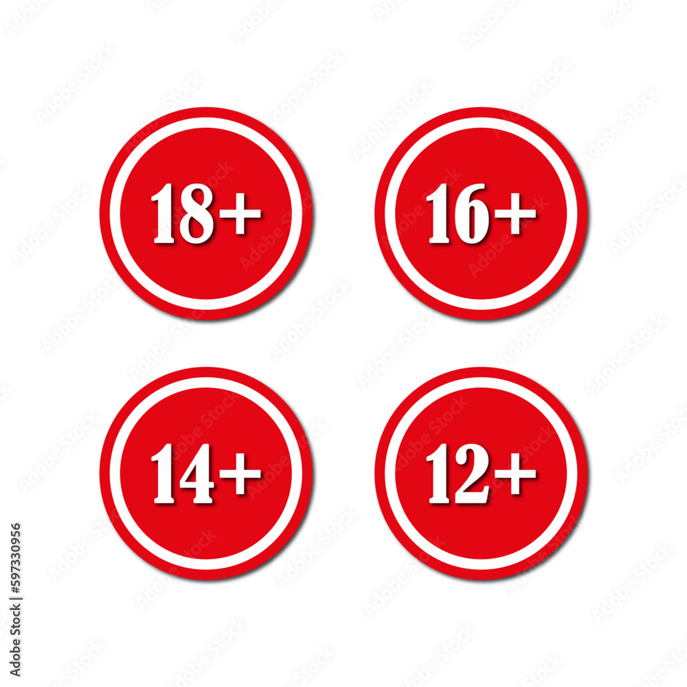 Red age signs. White background. Warning prohibition age signs. Age restriction signs. Vector illustration. Red age signs. White background. Warning prohibition age signs. Age restriction signs. Vector illustration.