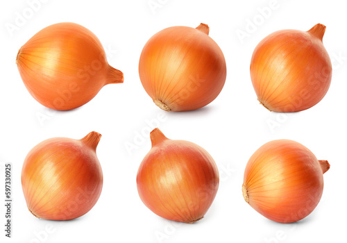 Whole fresh onions isolated on white, collage design