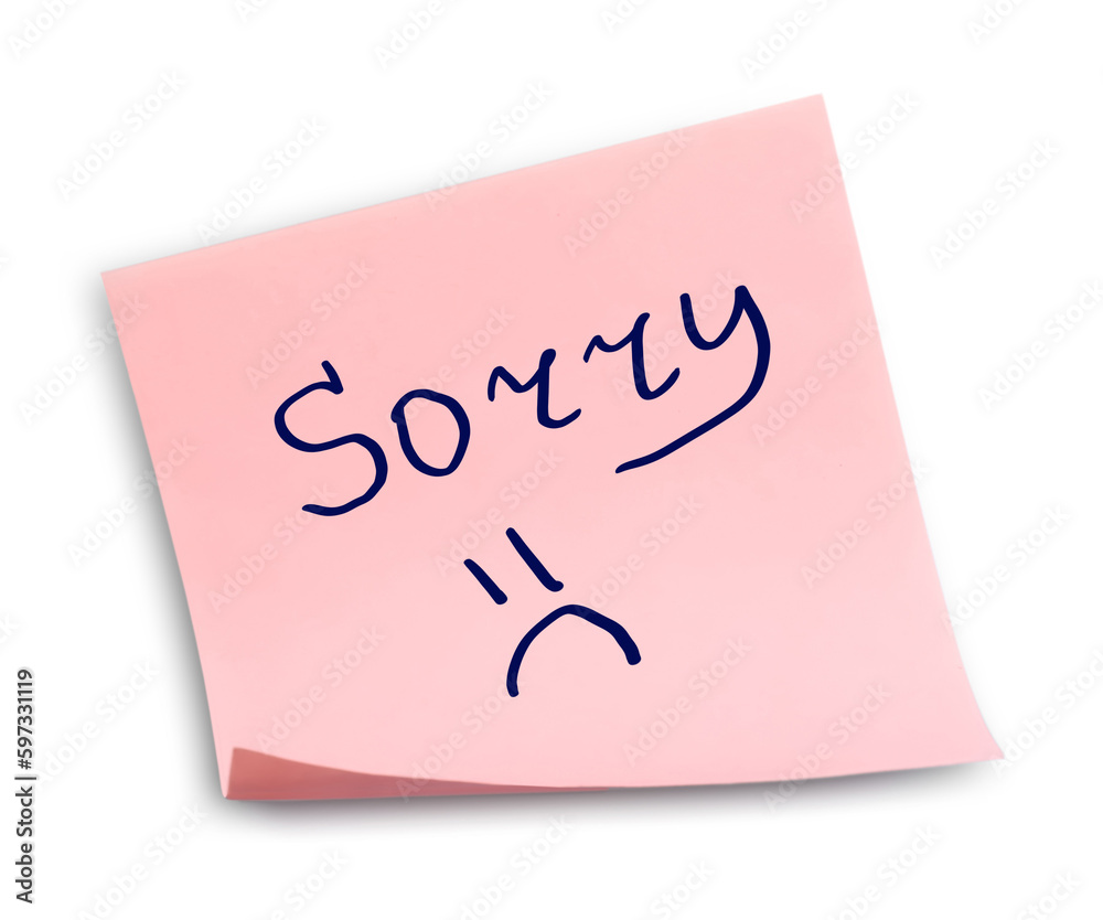 Apology. Sticky note with word Sorry and drawn sad face on white background Apology. Sticky note with word Sorry and drawn sad face on white background