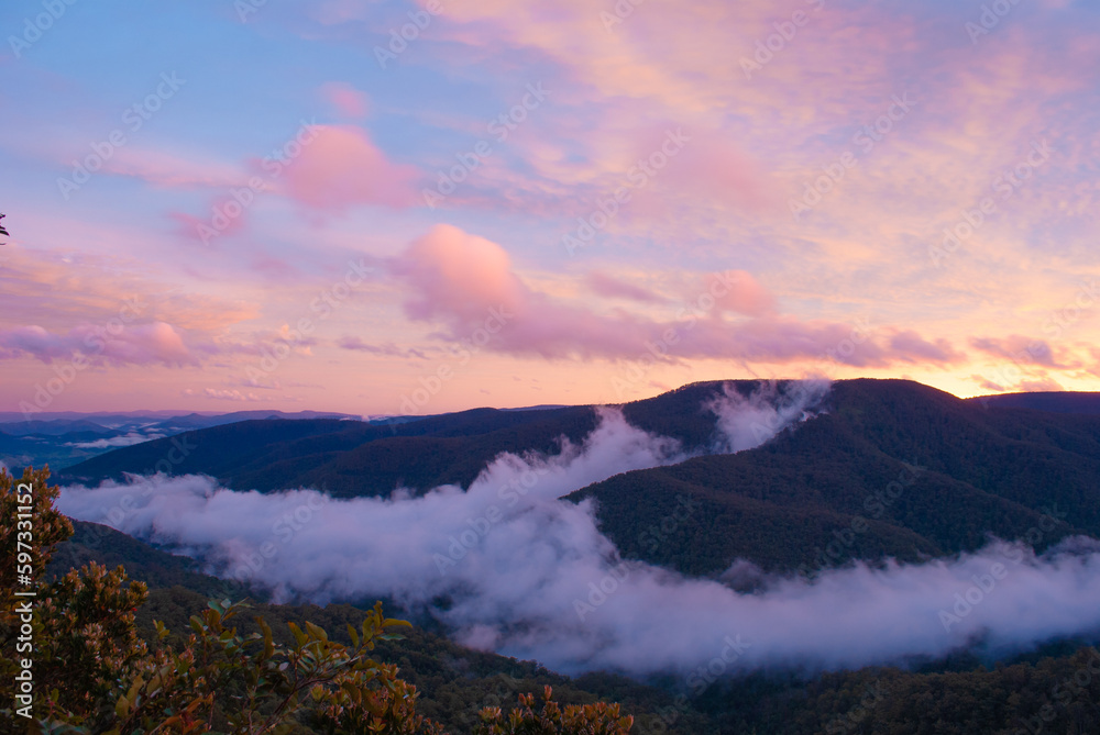 sunset over the mountains at Barrington Tops National Park