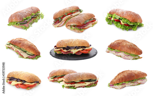 Collage with different delicious sandwiches on white background