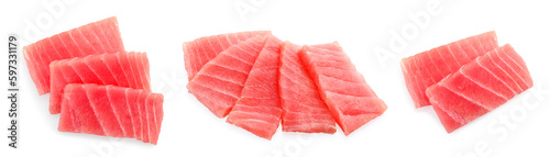 Collage with fresh tuna sashimi isolated on white