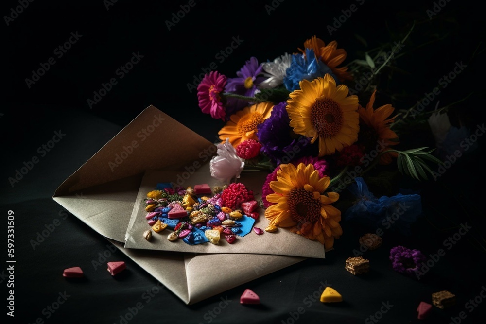 Flowers and candy in envelope. Generative AI