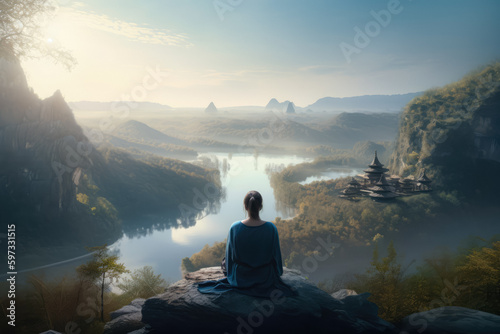 Discover serenity with this clipart of a woman meditating in nature, balancing her mind through practiced yoga. © overlays-textures