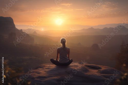 Discover serenity with this clipart of a woman meditating in nature, balancing her mind through practiced yoga.