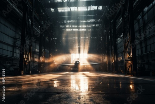 Shine emanating from open hangar portals. Generative AI