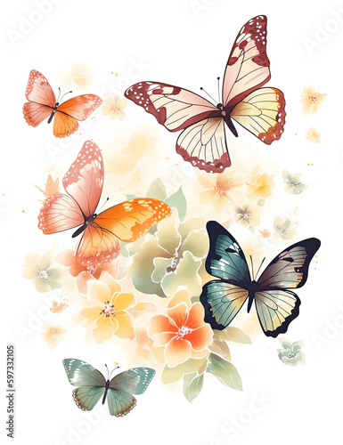 Wallpaper Mural Butterfly, asian style, flowers, pastel colors, digital prints, digital assets, watercolor. Generative AI. Torontodigital.ca