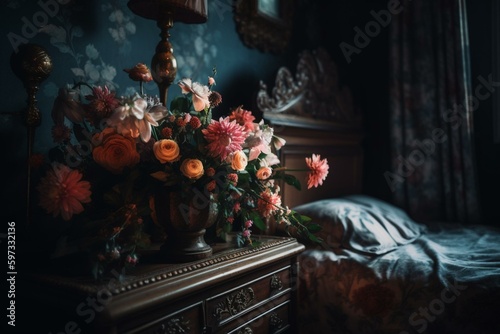 A bunch of blooms arranged on the nightstand in the sleeping chamber. Generative AI