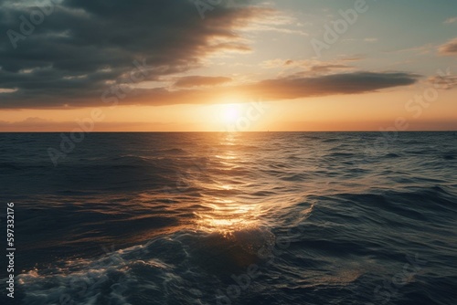 A peaceful wallpaper featuring a sun setting over the ocean. Generative AI