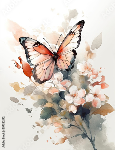 Wallpaper Mural Butterfly, asian style, flowers, pastel colors, digital prints, digital assets, watercolor. Generative AI. Torontodigital.ca