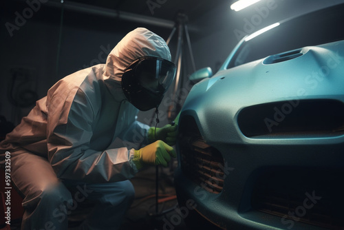 Car painting technician wearing respirator mask spraying auto body with paint gun, Generative AI 
