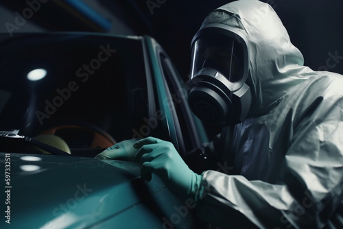 Car painting technician wearing respirator mask spraying auto body with paint gun, Generative AI   © HansAdam