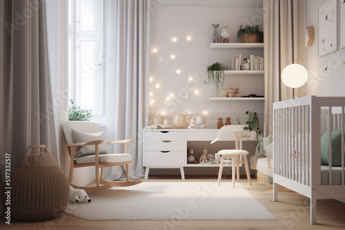 Chic Scandinavian nursery room with minimalist details, Generative AI 