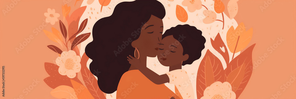 Mothers Day banner with POC mother and her child, Generative AI Mothers Day banner with POC mother and her child, Generative AI